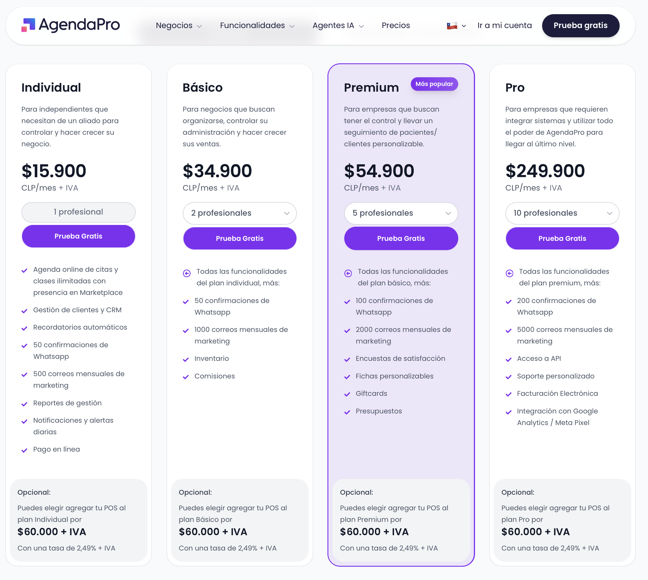 Página de precios de AgendaPro con los planes Individual, Básico, Premium y Pro